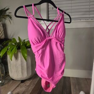 Anna-Kaci Swimsuit Womens L Pink Elastane Ruched Strappy V-Neck One Piece NWT